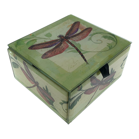 Red Dragonfly Keepsake Box French Inspired Beveled Glass Velvet Lined 4"Square - Picture 3 of 7